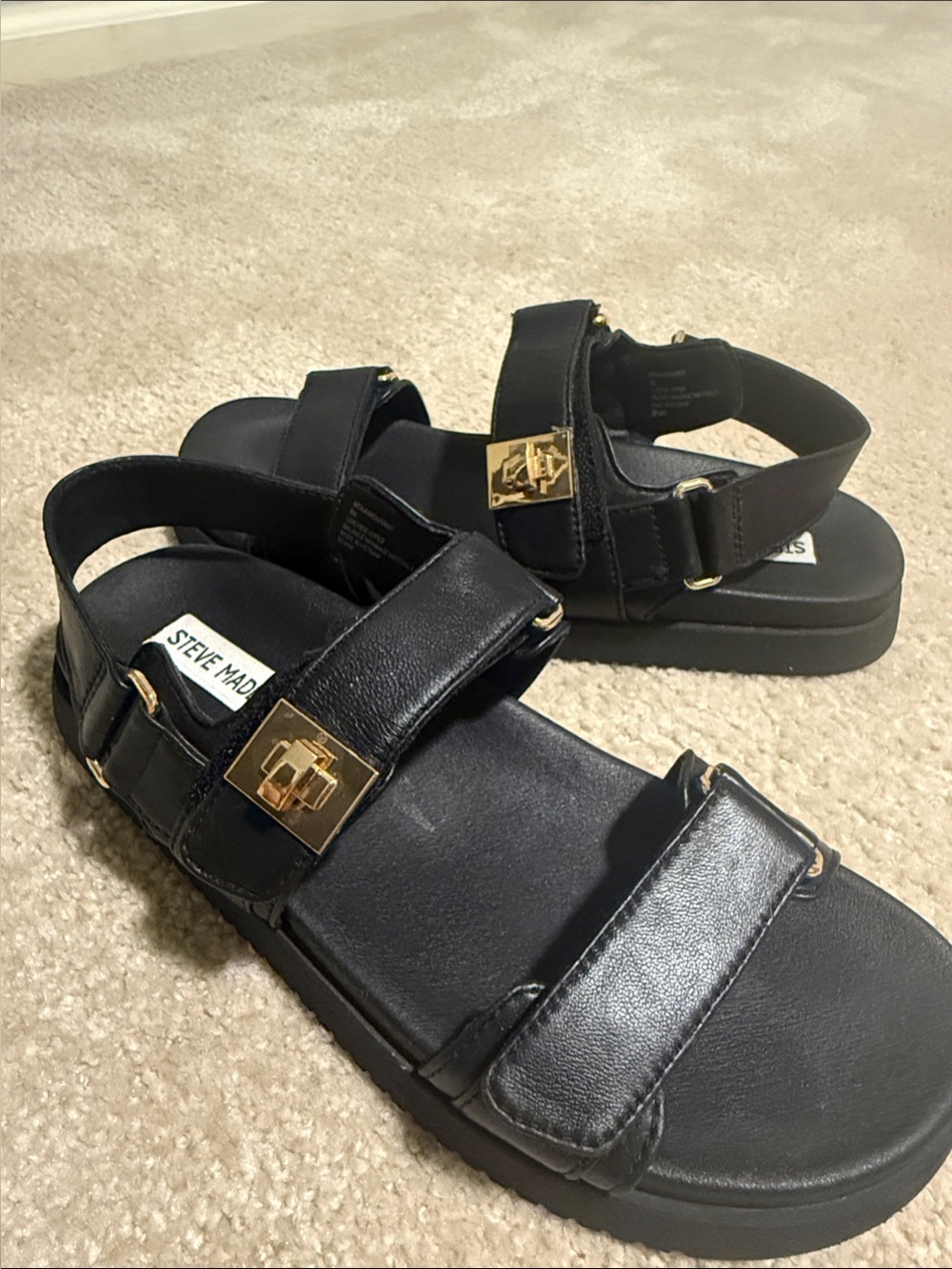 Steve Madden Black Mona Leather Sandals with Gold Accents